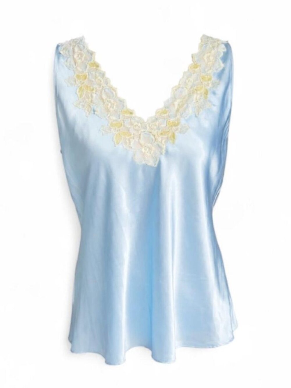 Oscar De La Renta Baby blue satin blouse with cream lace trim.